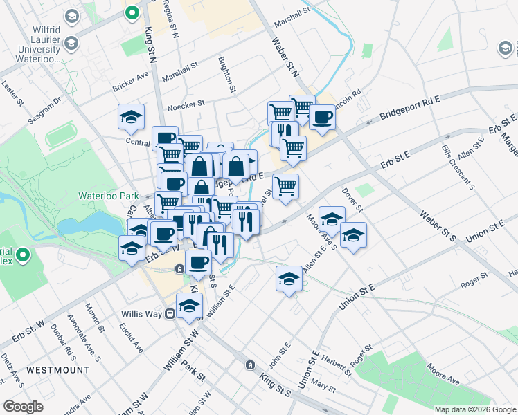 map of restaurants, bars, coffee shops, grocery stores, and more near Laurel Street in Waterloo