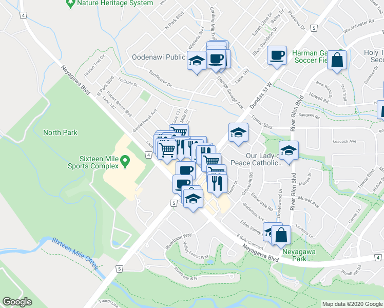 map of restaurants, bars, coffee shops, grocery stores, and more near 479 Dundas Street West in Oakville
