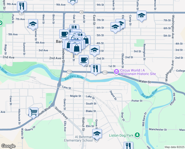 map of restaurants, bars, coffee shops, grocery stores, and more near 232 Water Street in Baraboo