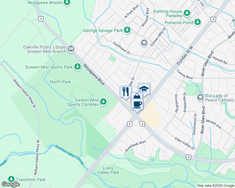 map of restaurants, bars, coffee shops, grocery stores, and more near 3079 Neyagawa Boulevard in Oakville