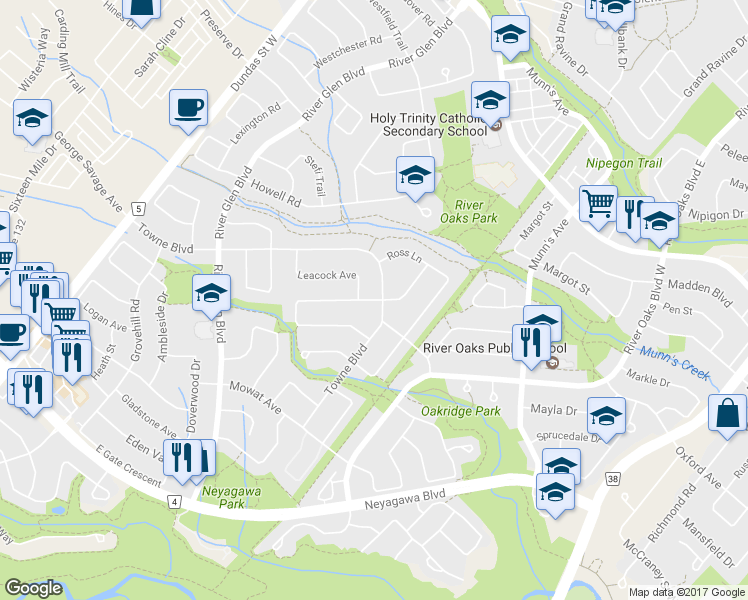 map of restaurants, bars, coffee shops, grocery stores, and more near 255 Callaghan Crescent in Oakville