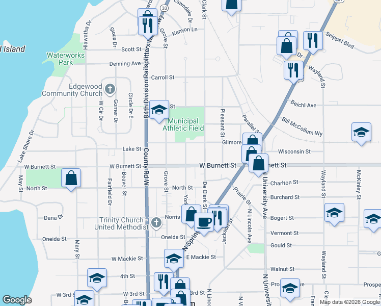 map of restaurants, bars, coffee shops, grocery stores, and more near 513 York Street in Beaver Dam