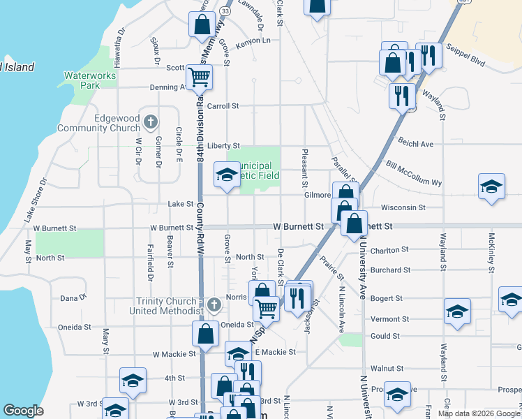 map of restaurants, bars, coffee shops, grocery stores, and more near 513 York Street in Beaver Dam