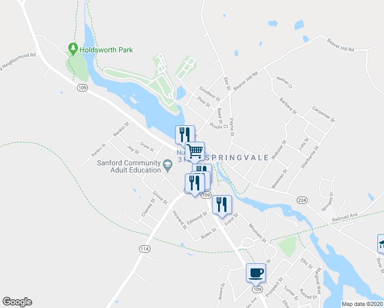 map of restaurants, bars, coffee shops, grocery stores, and more near 452 Main Street in Sanford