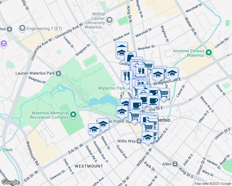 map of restaurants, bars, coffee shops, grocery stores, and more near 45 Caroline Street North in Waterloo