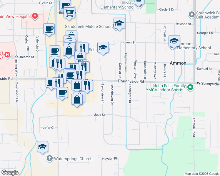 map of restaurants, bars, coffee shops, grocery stores, and more near 3362 Stonehaven Drive in Ammon