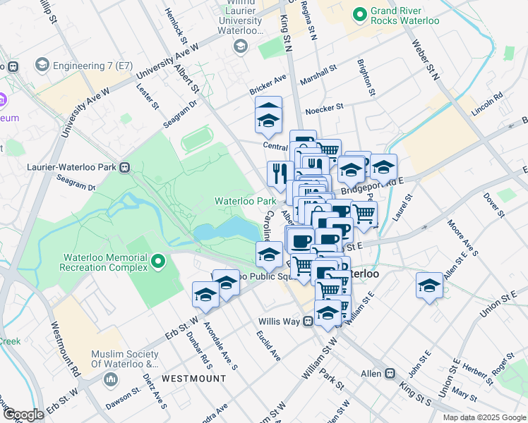 map of restaurants, bars, coffee shops, grocery stores, and more near 49 Caroline Street North in Waterloo