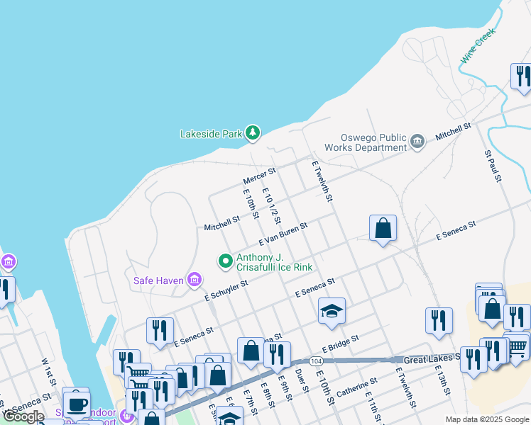 map of restaurants, bars, coffee shops, grocery stores, and more near 30 Mitchell Street in Oswego