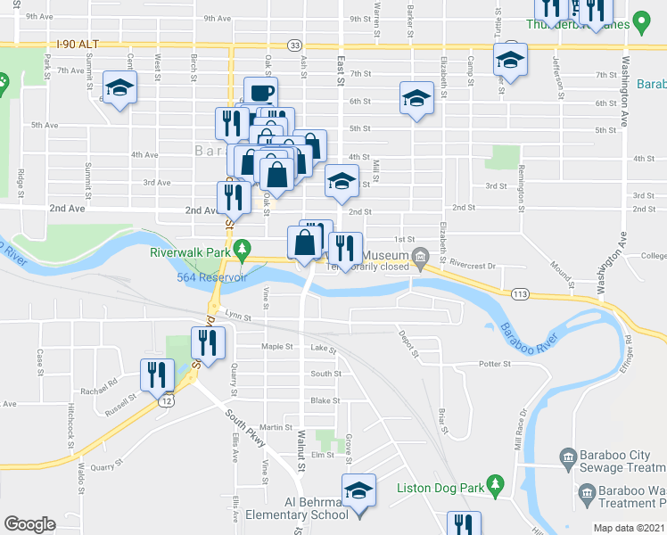 map of restaurants, bars, coffee shops, grocery stores, and more near 232 Water Street in Baraboo