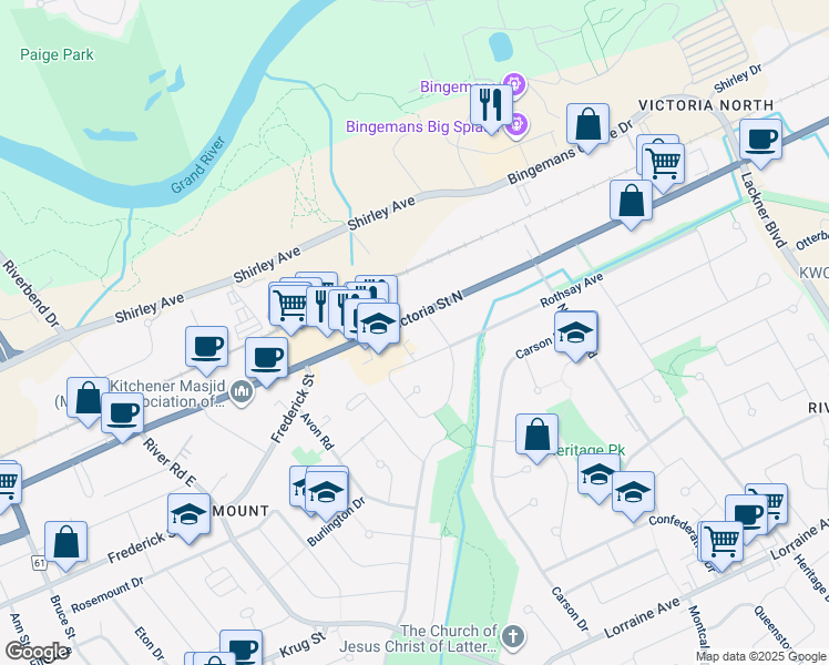 map of restaurants, bars, coffee shops, grocery stores, and more near 1175 Victoria Street North in Kitchener