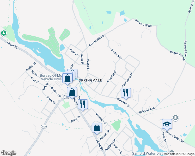 map of restaurants, bars, coffee shops, grocery stores, and more near 1 George Street in Sanford
