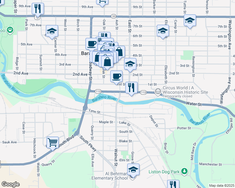 map of restaurants, bars, coffee shops, grocery stores, and more near 123 Ash St in Baraboo