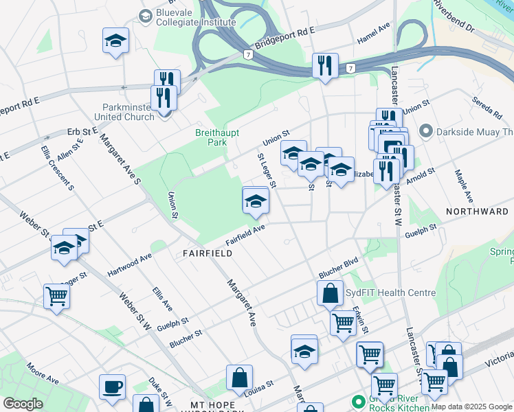 map of restaurants, bars, coffee shops, grocery stores, and more near 35 Ridgewood Avenue in Kitchener