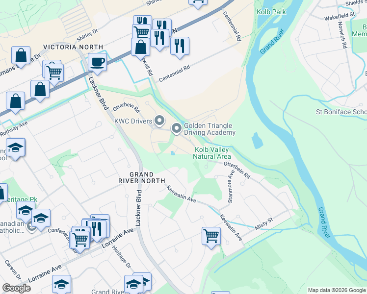 map of restaurants, bars, coffee shops, grocery stores, and more near 61 Quarry Park Place in Kitchener