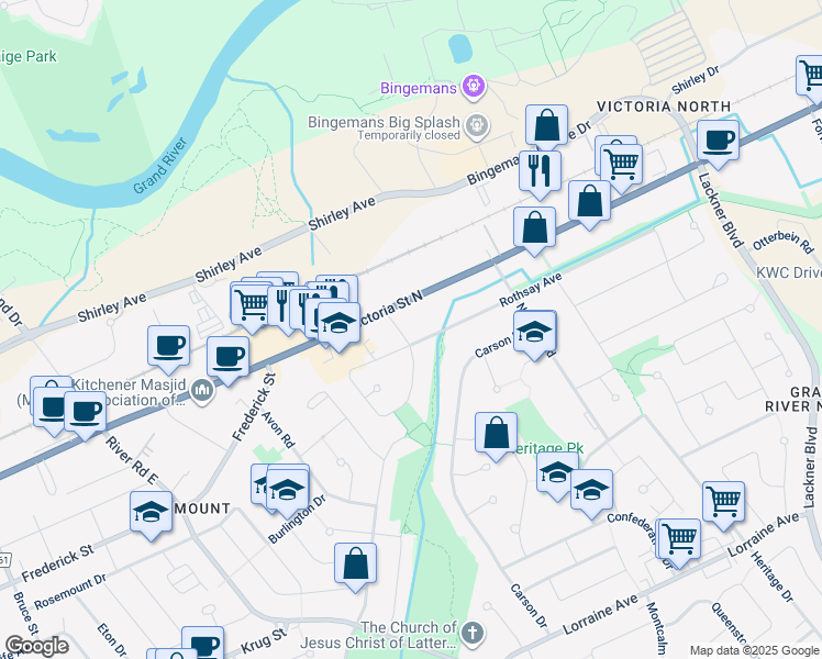 map of restaurants, bars, coffee shops, grocery stores, and more near 2 Forfar Avenue in Kitchener
