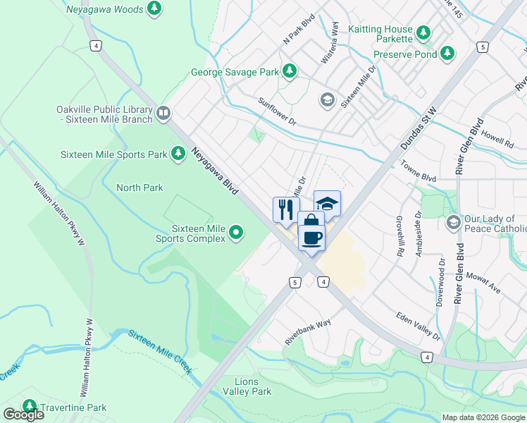 map of restaurants, bars, coffee shops, grocery stores, and more near 3079 Neyagawa Boulevard in Oakville