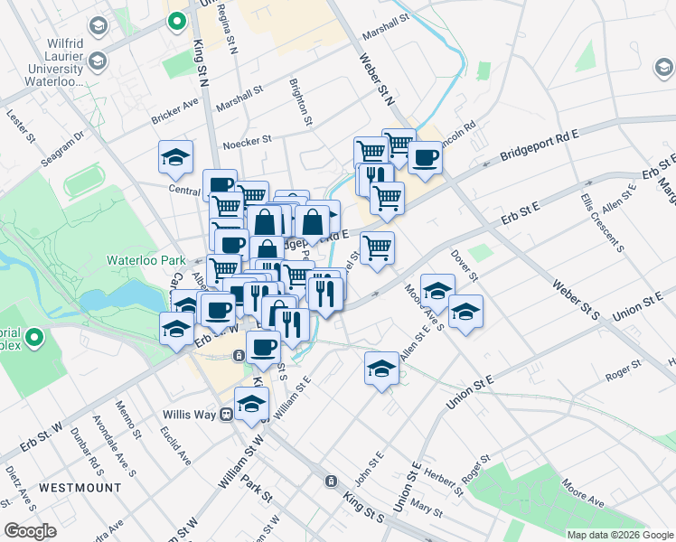 map of restaurants, bars, coffee shops, grocery stores, and more near 28 Laurel Street in Waterloo