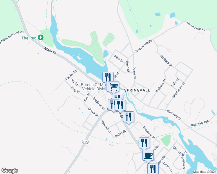 map of restaurants, bars, coffee shops, grocery stores, and more near 443 Main Street in Sanford