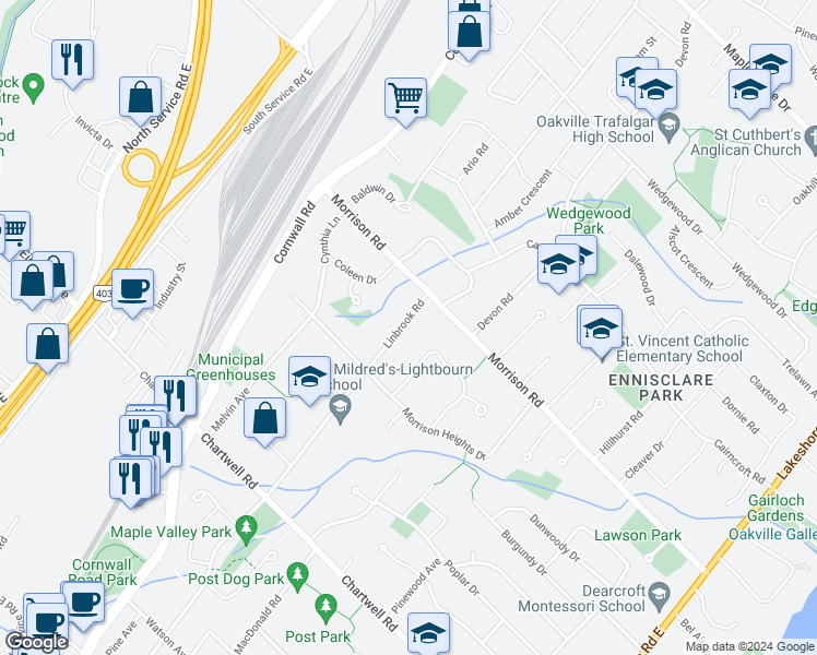 map of restaurants, bars, coffee shops, grocery stores, and more near 1175 Linbrook Road in Oakville