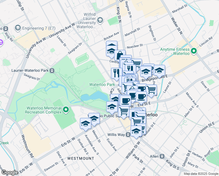 map of restaurants, bars, coffee shops, grocery stores, and more near 49 Caroline Street North in Waterloo