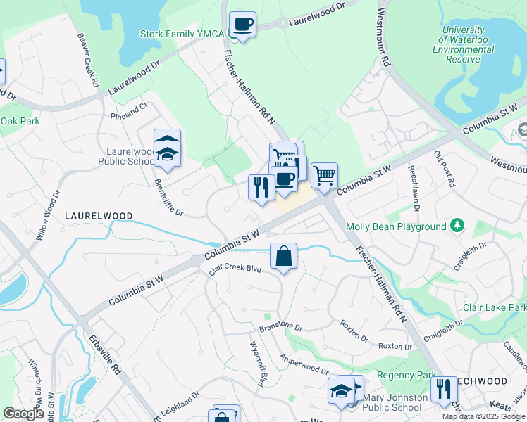 map of restaurants, bars, coffee shops, grocery stores, and more near 450 Columbia Street West in Waterloo