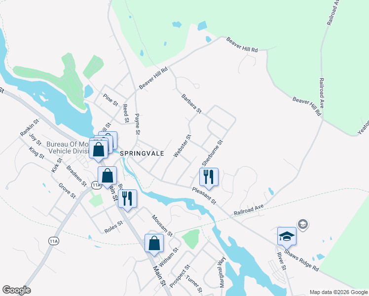 map of restaurants, bars, coffee shops, grocery stores, and more near 15 Webster Street in Sanford