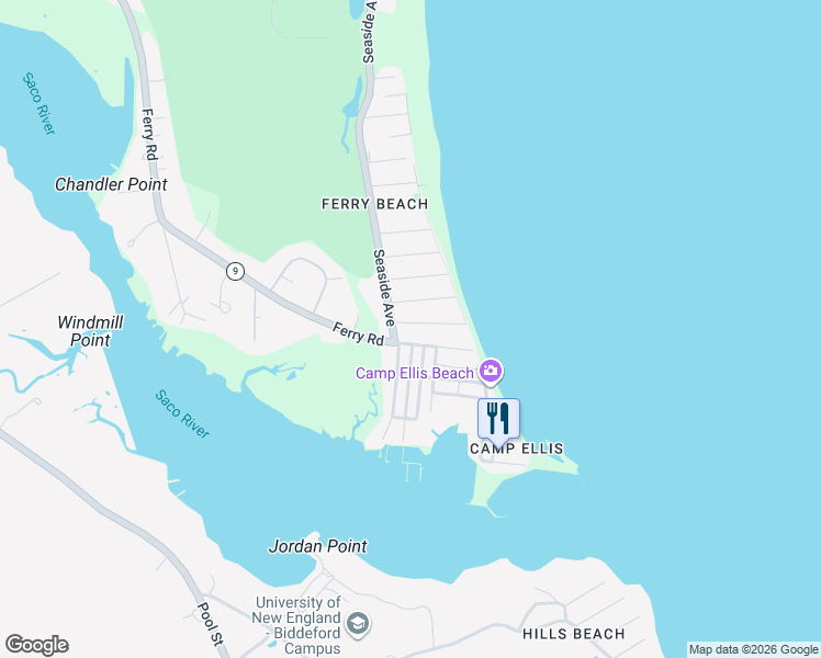 map of restaurants, bars, coffee shops, grocery stores, and more near 9 Sunset Ave in Saco