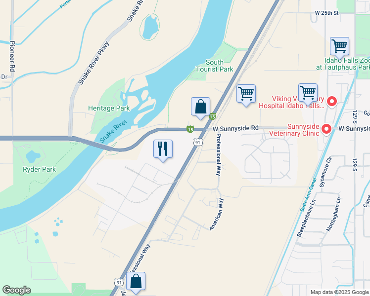map of restaurants, bars, coffee shops, grocery stores, and more near 3450 South Yellowstone Highway in Idaho Falls
