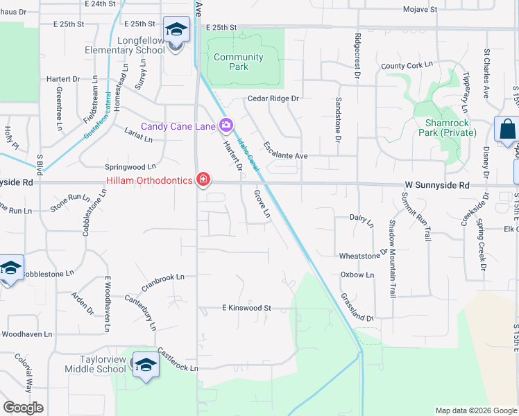 map of restaurants, bars, coffee shops, grocery stores, and more near 3414 Grove Lane in Idaho Falls