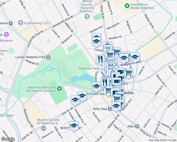 map of restaurants, bars, coffee shops, grocery stores, and more near 66 Young Street West in Waterloo