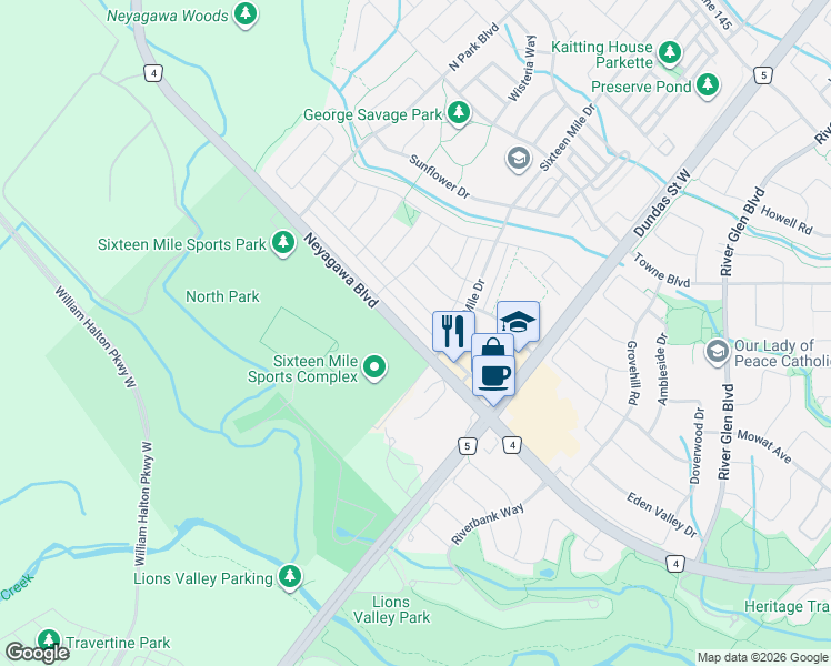 map of restaurants, bars, coffee shops, grocery stores, and more near 3089 Neyagawa Boulevard in Oakville