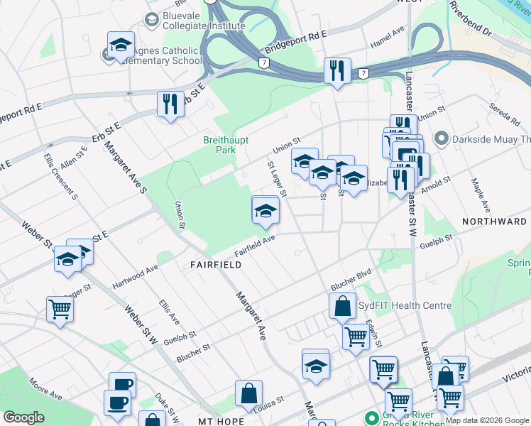 map of restaurants, bars, coffee shops, grocery stores, and more near 35 Ridgewood Avenue in Kitchener