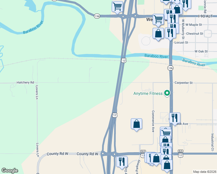 map of restaurants, bars, coffee shops, grocery stores, and more near E10919 Hatchery Road in Baraboo