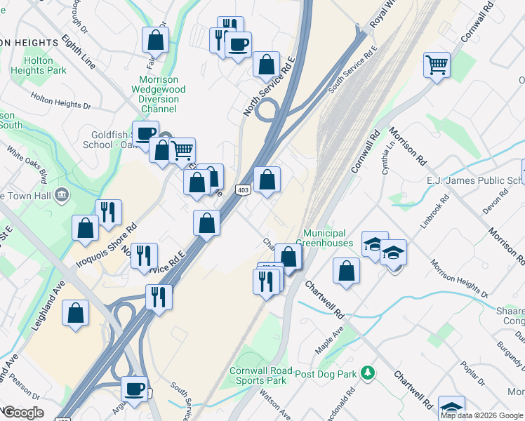 map of restaurants, bars, coffee shops, grocery stores, and more near 1021 Industry Street in Oakville