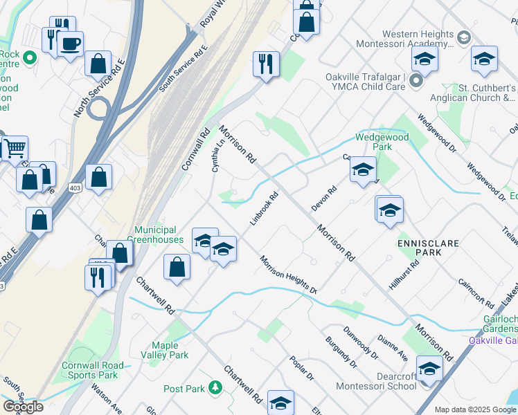 map of restaurants, bars, coffee shops, grocery stores, and more near 1175 Linbrook Road in Oakville
