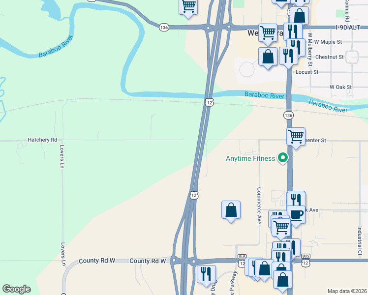 map of restaurants, bars, coffee shops, grocery stores, and more near E10919 Hatchery Road in Baraboo