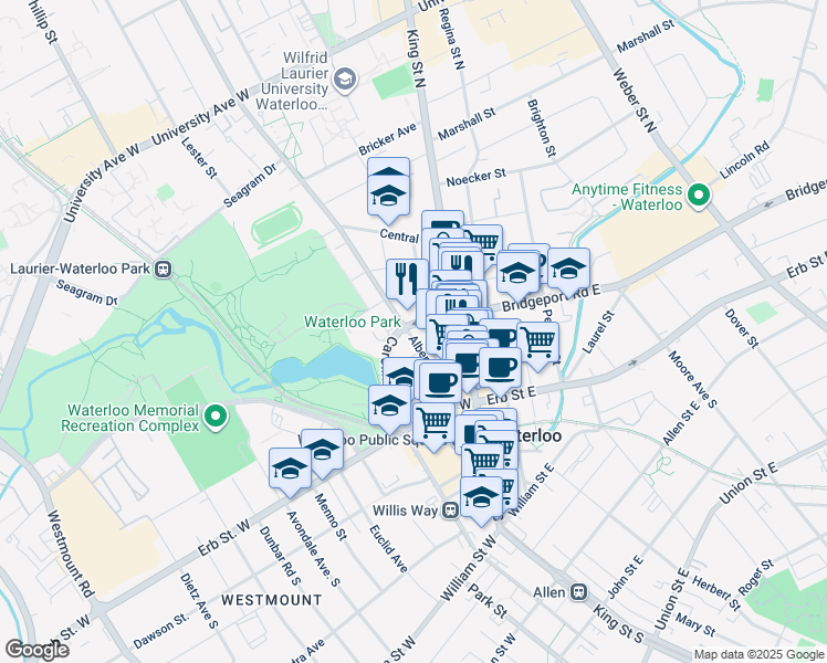 map of restaurants, bars, coffee shops, grocery stores, and more near 62 Albert Street in Waterloo