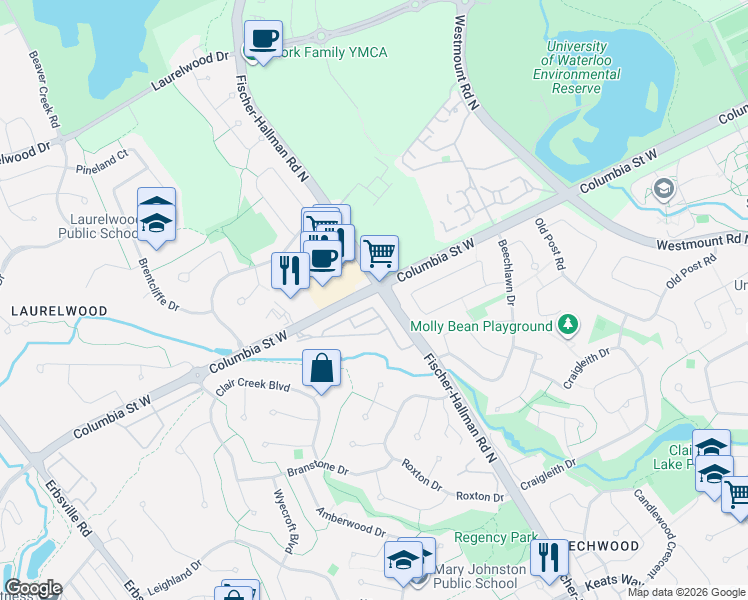 map of restaurants, bars, coffee shops, grocery stores, and more near Columbia Street West in Waterloo