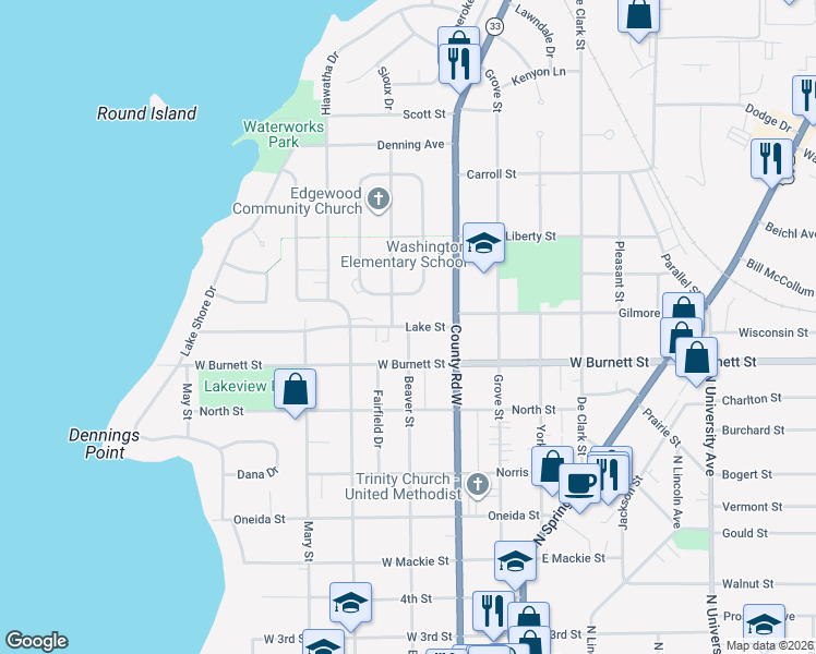 map of restaurants, bars, coffee shops, grocery stores, and more near 1112 Beaver Street in Beaver Dam