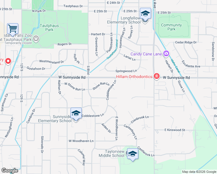 map of restaurants, bars, coffee shops, grocery stores, and more near 228 Stone Run Lane in Idaho Falls