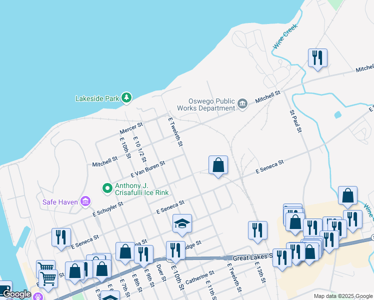 map of restaurants, bars, coffee shops, grocery stores, and more near 47 East Twelvth Street in Oswego