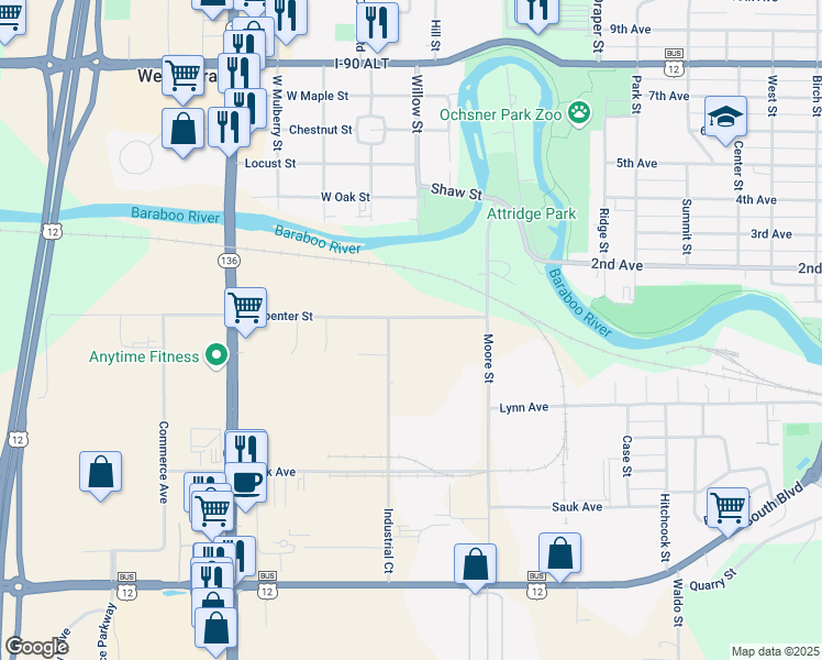 map of restaurants, bars, coffee shops, grocery stores, and more near E11229 Carpenter Street in Baraboo