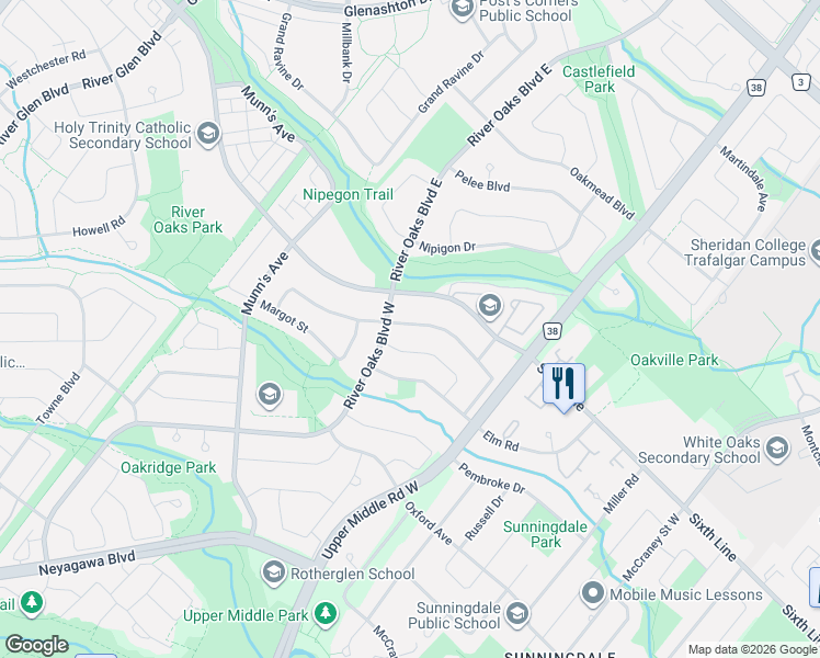 map of restaurants, bars, coffee shops, grocery stores, and more near in Oakville
