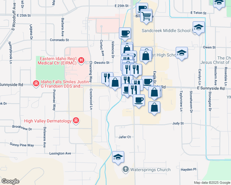 map of restaurants, bars, coffee shops, grocery stores, and more near 2366 East Sunnyside Road in Idaho Falls