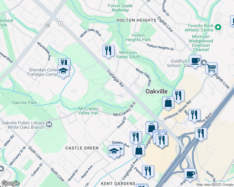 map of restaurants, bars, coffee shops, grocery stores, and more near in Oakville