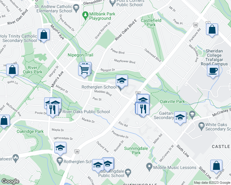 map of restaurants, bars, coffee shops, grocery stores, and more near 2048 Sixth Line in Oakville