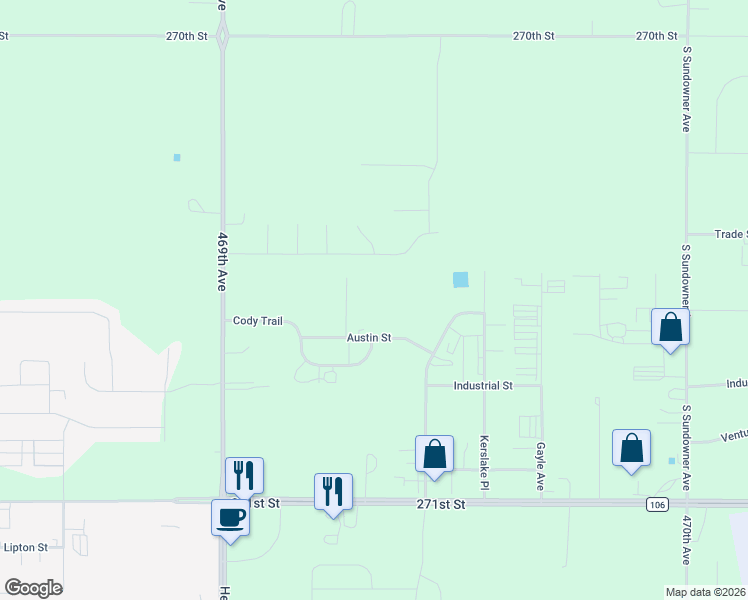 map of restaurants, bars, coffee shops, grocery stores, and more near 46926 Austin Street in Tea