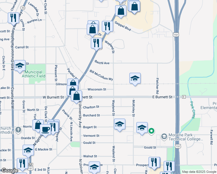 map of restaurants, bars, coffee shops, grocery stores, and more near 144 Wisconsin Street in Beaver Dam
