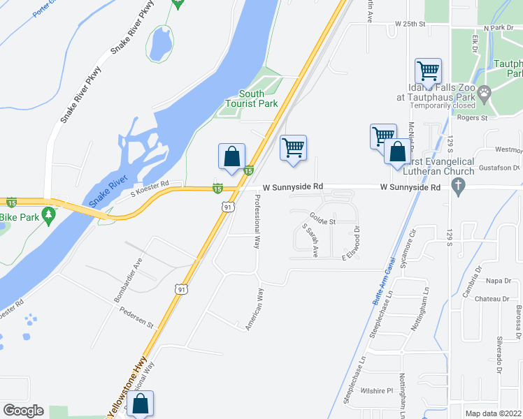 map of restaurants, bars, coffee shops, grocery stores, and more near 1055 West Sunnyside Road in Idaho Falls
