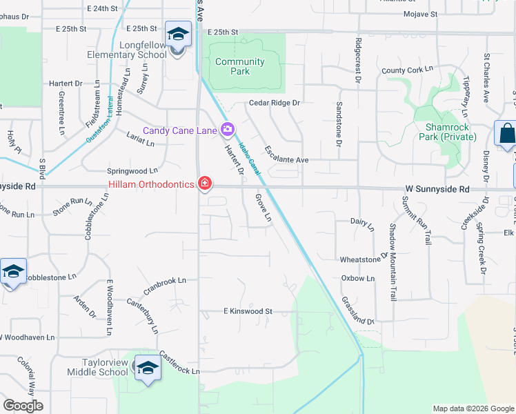 map of restaurants, bars, coffee shops, grocery stores, and more near 3414 Grove Lane in Idaho Falls